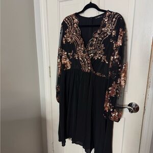 SHEIN Black and Bronze Sequin Long Sleeve Dress